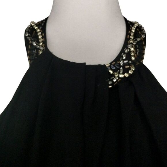SLNY Women's Size 14 Black Bead Braided Halter Sleeveless Cascade Chiffon Dress - Picture 5 of 11